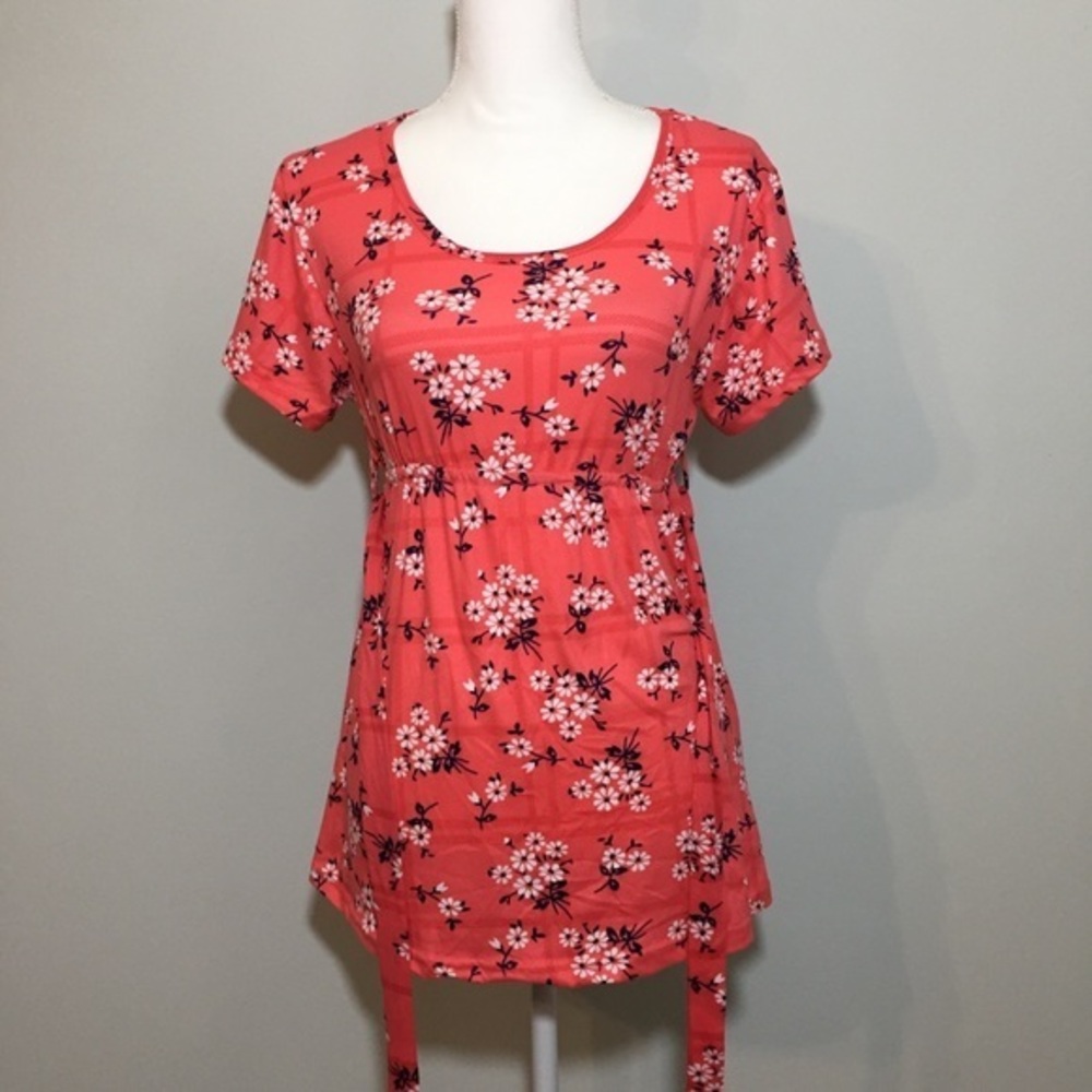 Coral Pink Floral Maternity Blouse Top Scoopneck